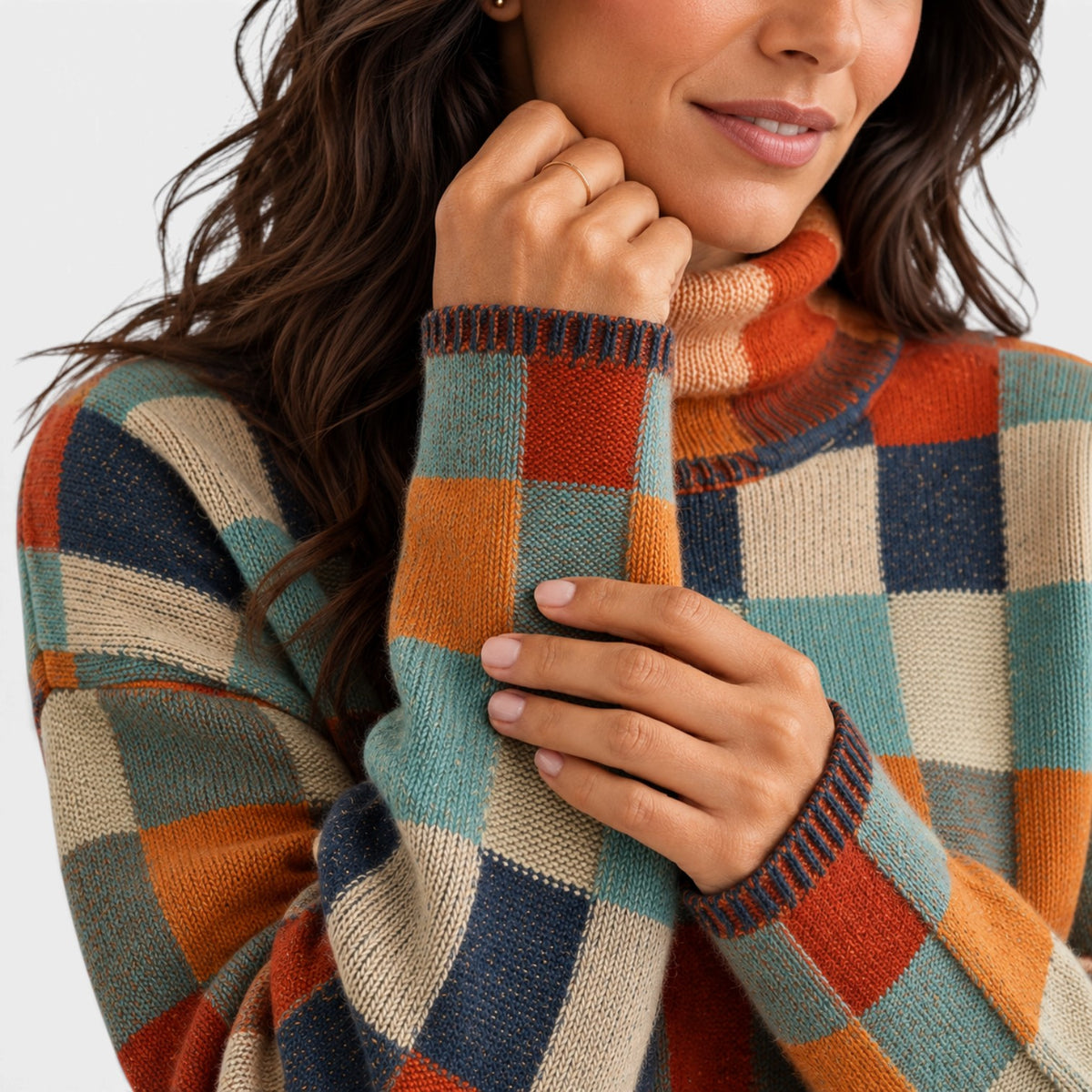 Jersey Mujer Oversize de Cuadros con Cuello Alto