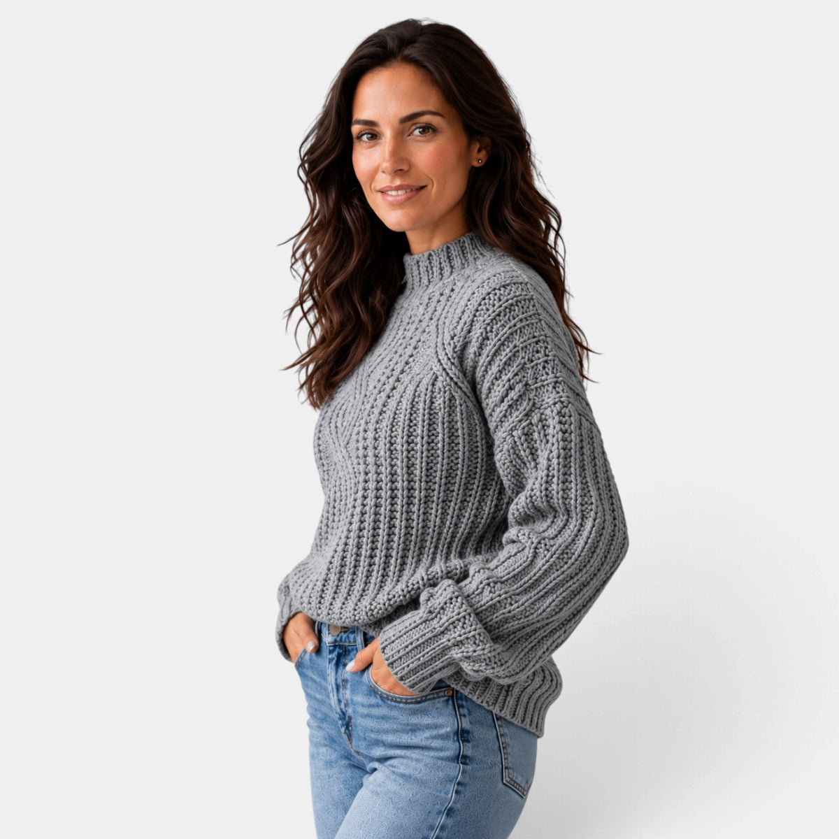 Women's Oversized Cable-Knit Turtleneck Sweater with Balloon Sleeves