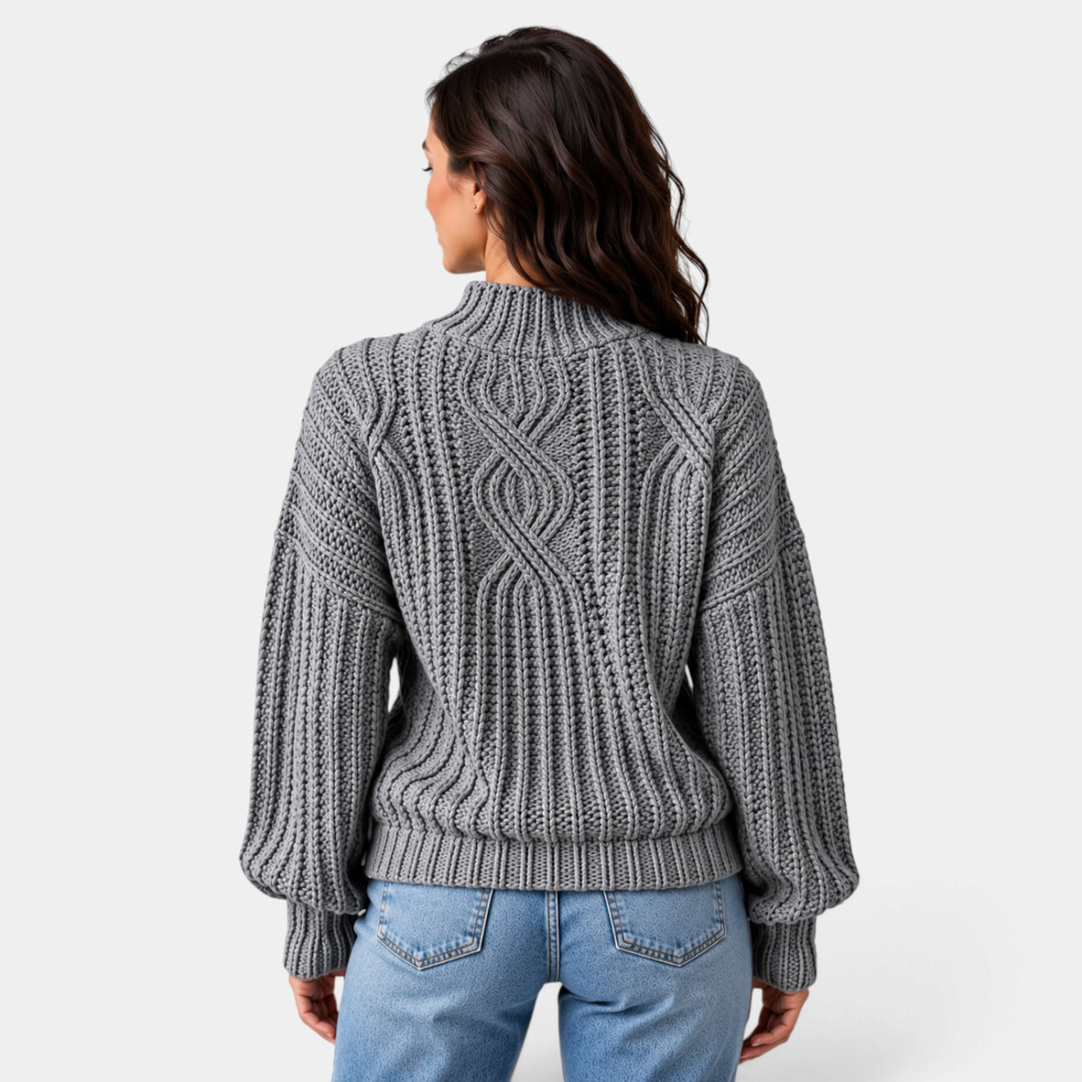 Women's Oversized Cable-Knit Turtleneck Sweater with Balloon Sleeves