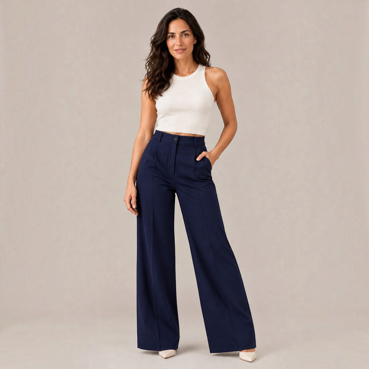 Pantalón Mujer Elegante de Talle Alto Recto Ancho
