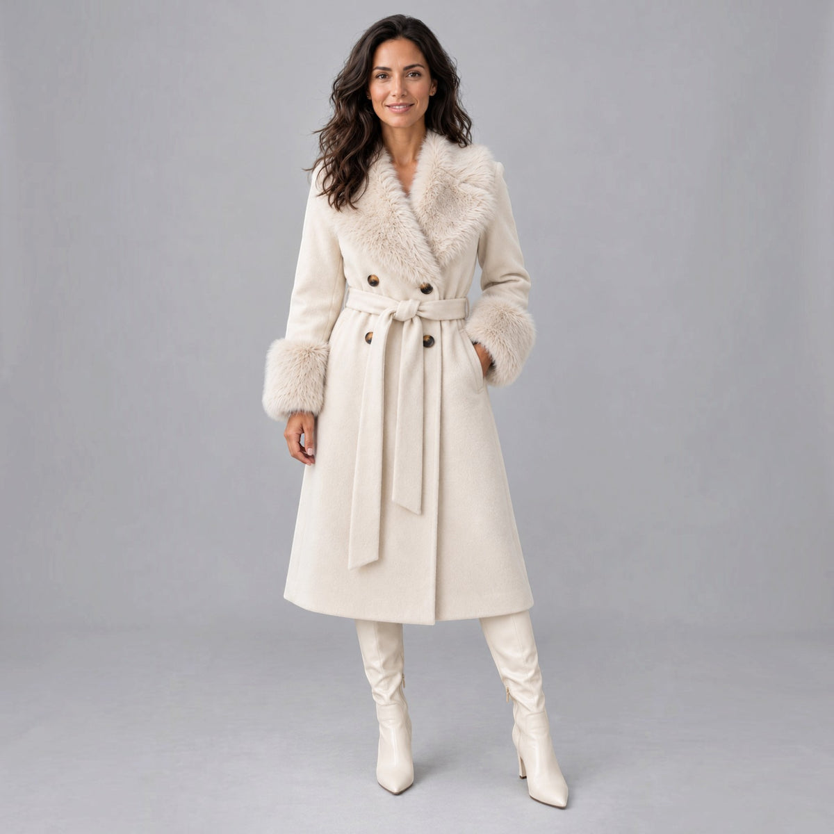Women's Cream Long Double-Breasted Coat - Faux Fur Collar
