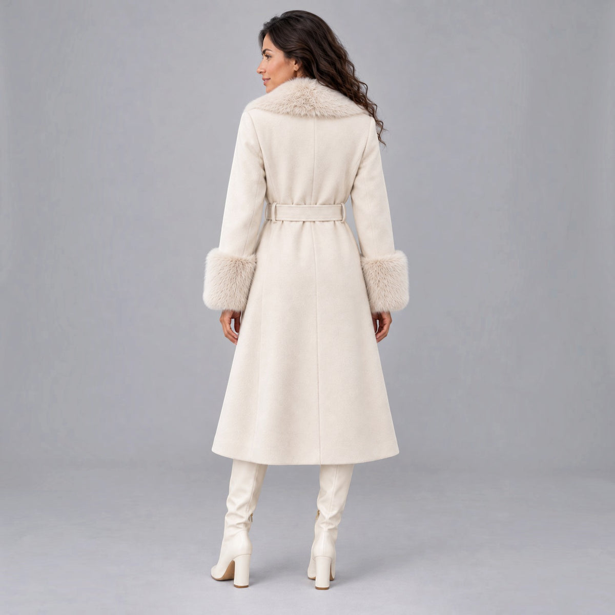 Women's Cream Long Double-Breasted Coat - Faux Fur Collar