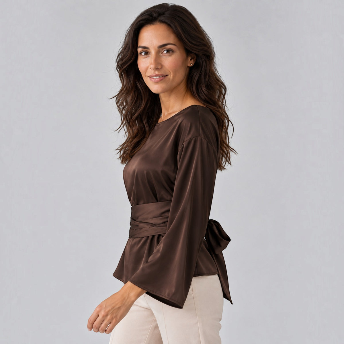 Women's Satin Belted Blouse - Evening Top