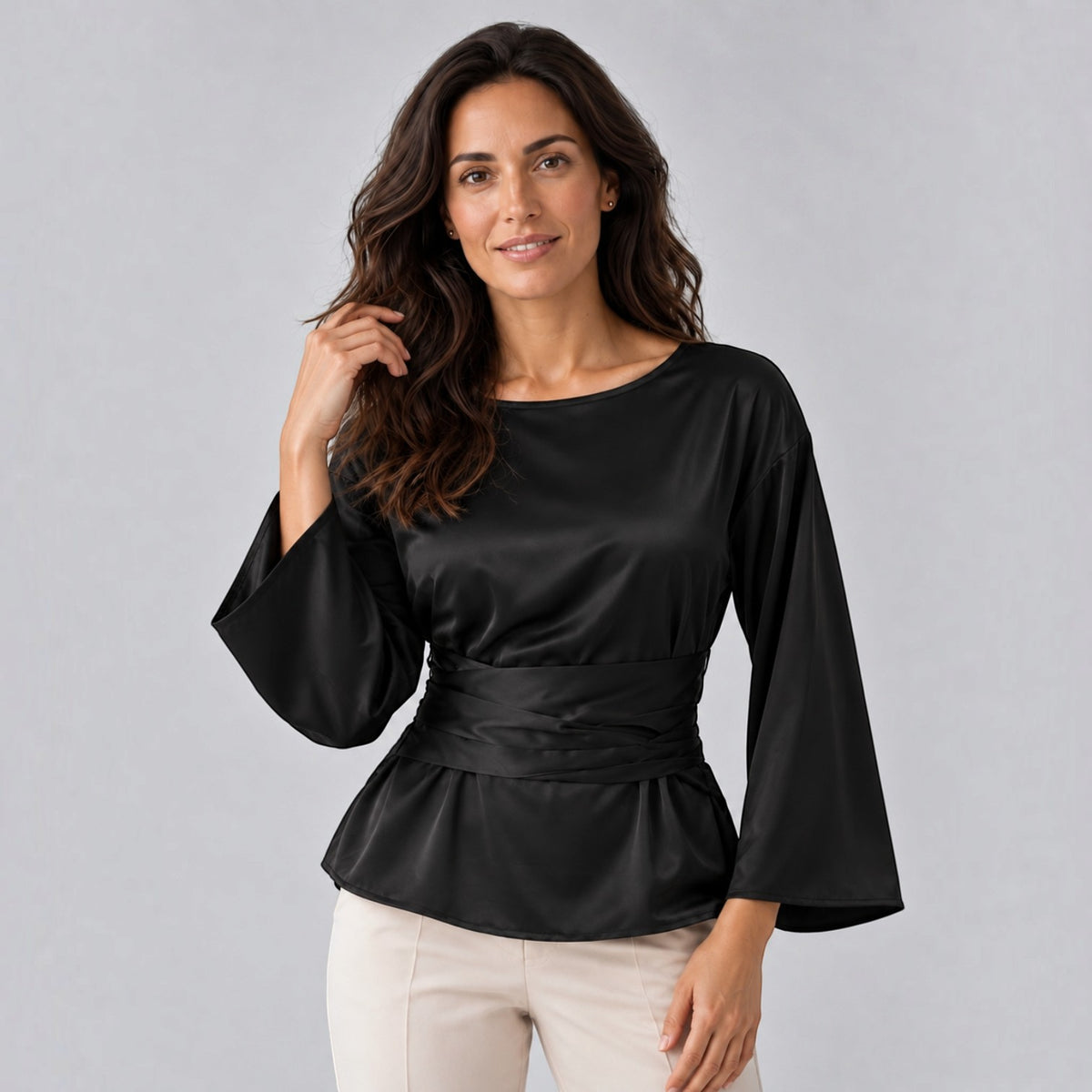 Women's Satin Belted Blouse - Evening Top