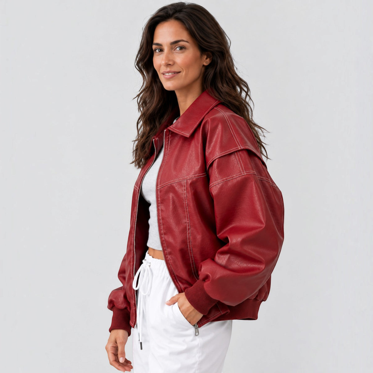 Cazadora Bomber Mujer de Piel Oversize con Bajo Elástico