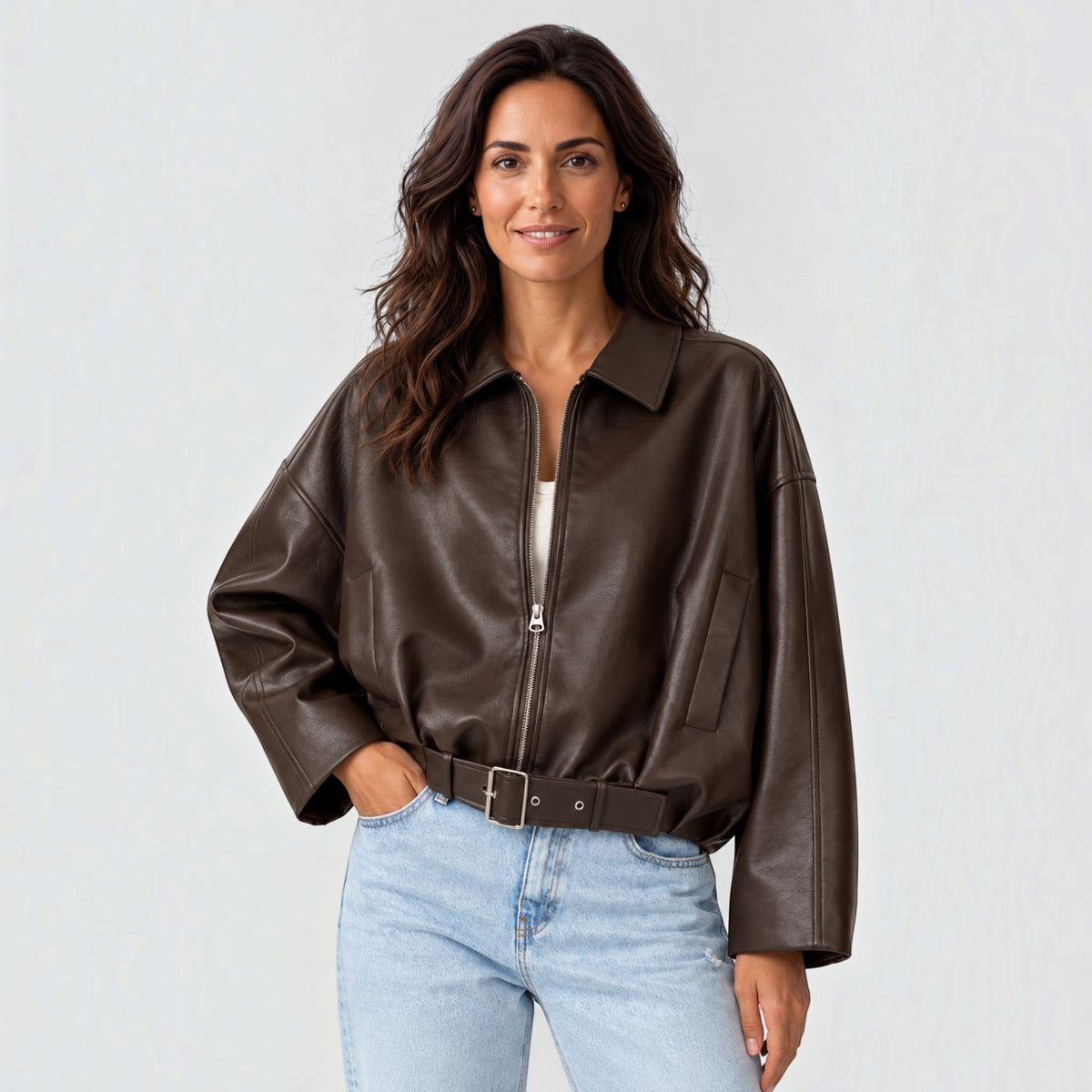 Chaqueta Mujer de Piel Oversize con Cinturón y Mangas Amplias