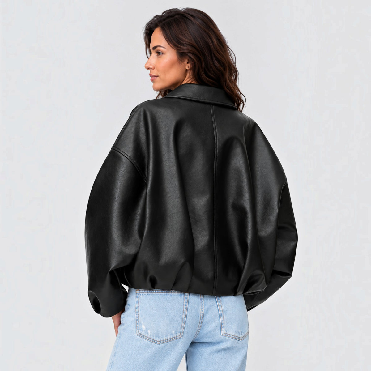 Chaqueta Mujer de Piel Oversize con Cinturón y Mangas Amplias