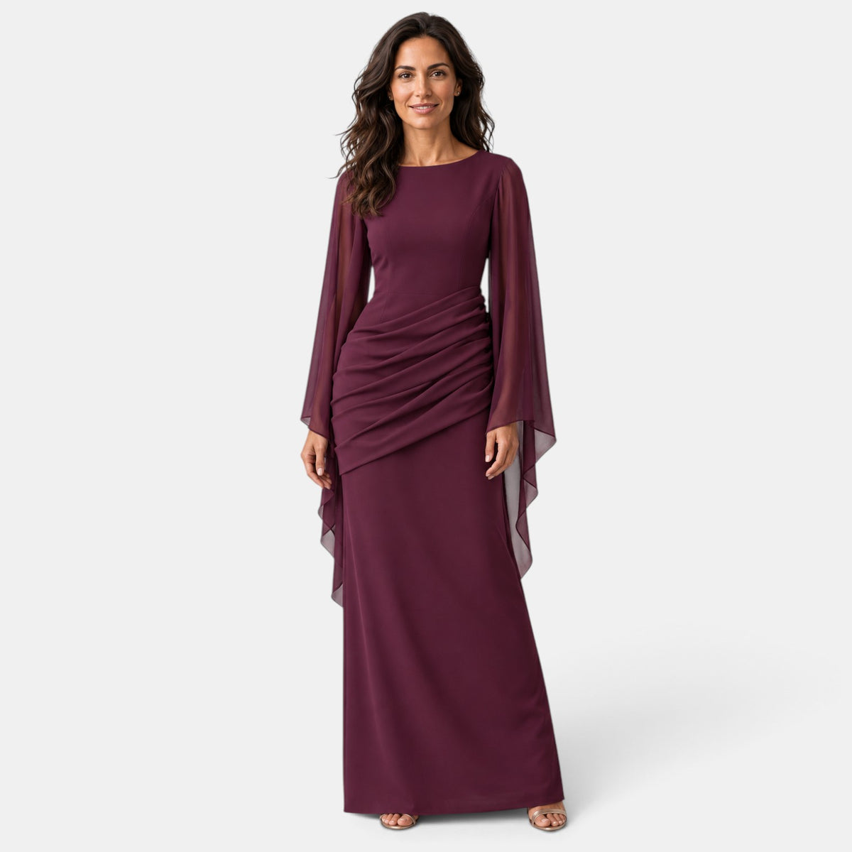 Vestido Largo de Noche Burdeos con Mangas Capa de Crepé