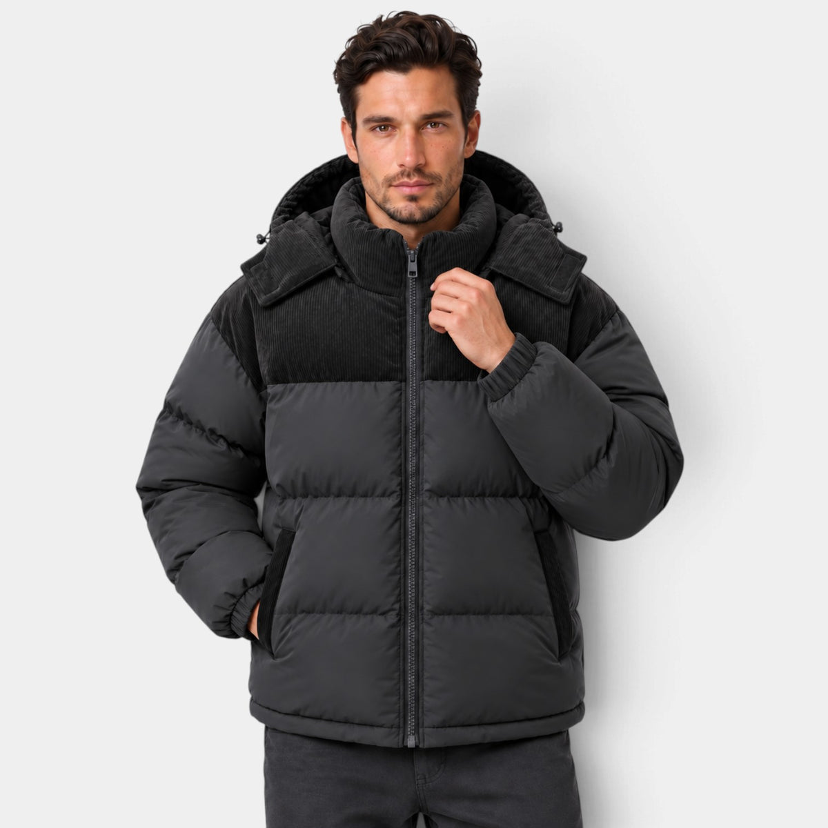 Chaqueta Hombre Acolchada con Capucha y Paneles de Pana