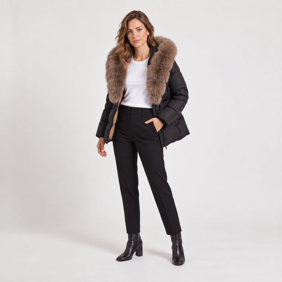 Women's Faux Leather Hooded Puffer Jacket - Quilted Winter Coat