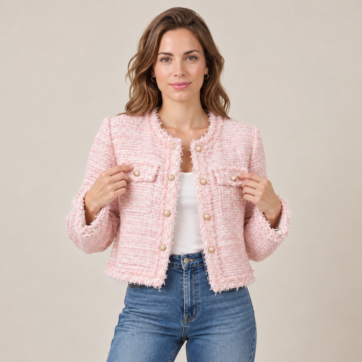 Chaqueta de Tweed Corta Mujer con Flecos y Botones Dorados