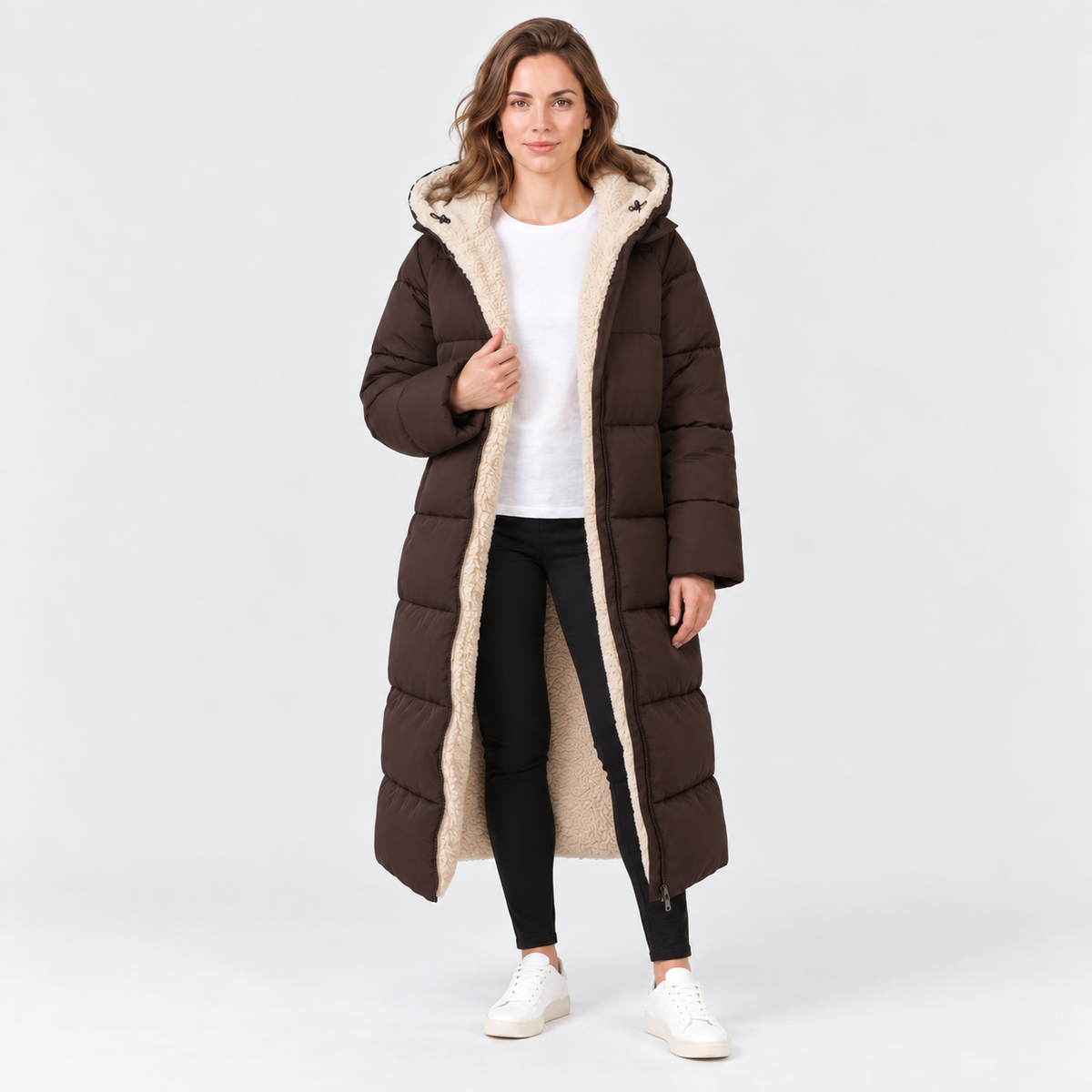 Abrigo Largo Acolchado para Mujer con Forro Sherpa y Capucha