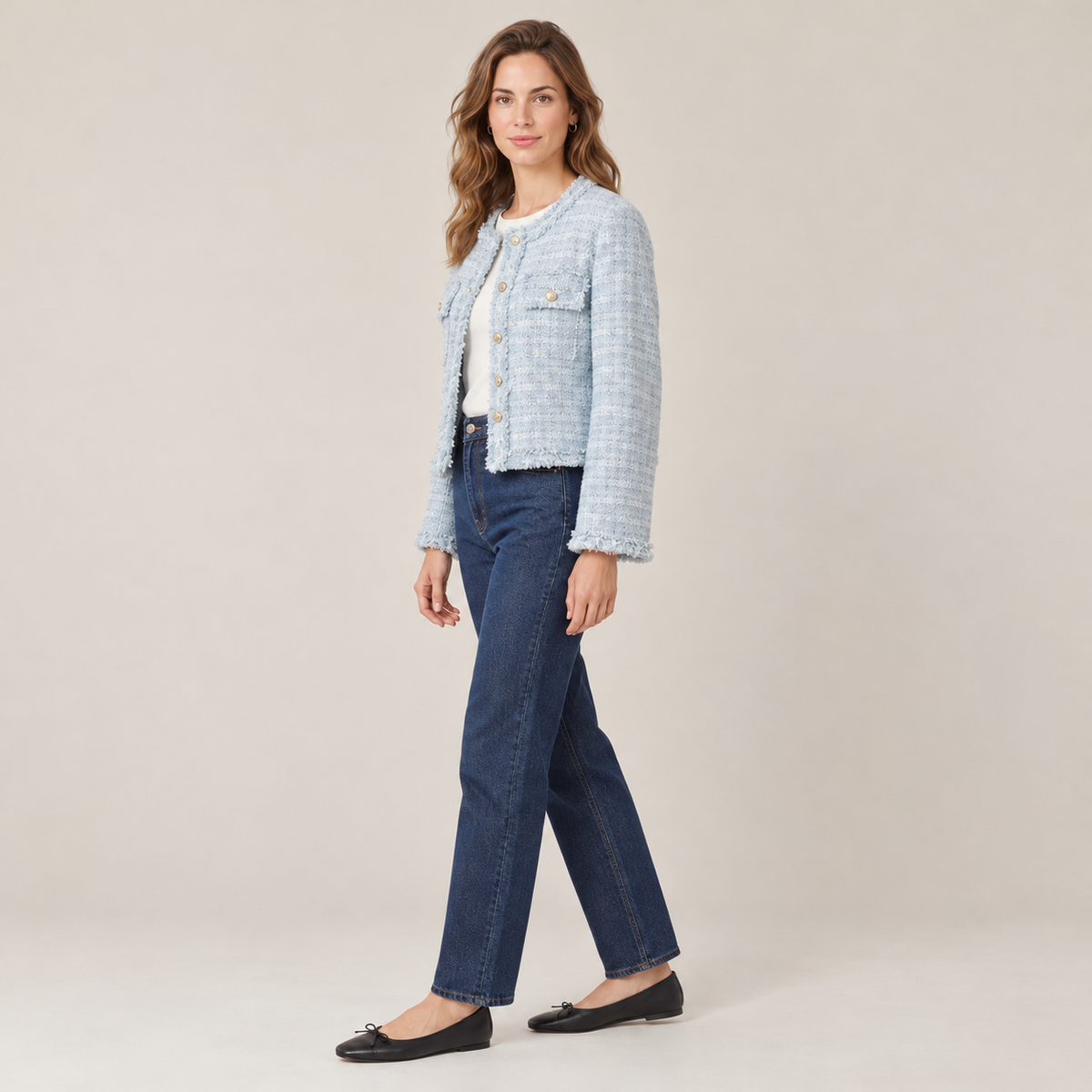 Chaqueta de Tweed Corta Mujer con Flecos y Botones Dorados