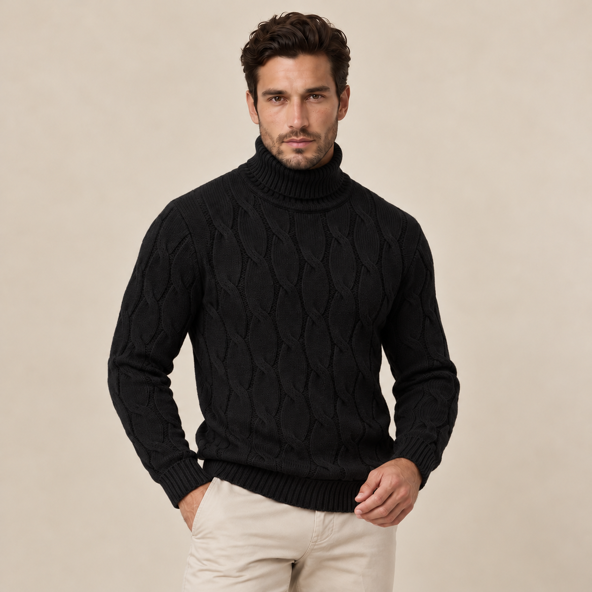 Men's Cable Knit Turtleneck Sweater - Chunky Pullover