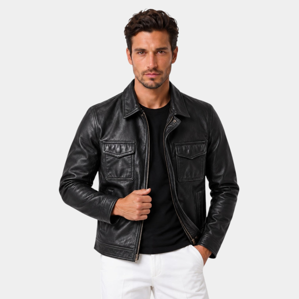 Chaqueta de Cuero Genuino Hombre Cuello Alzado con Cremallera