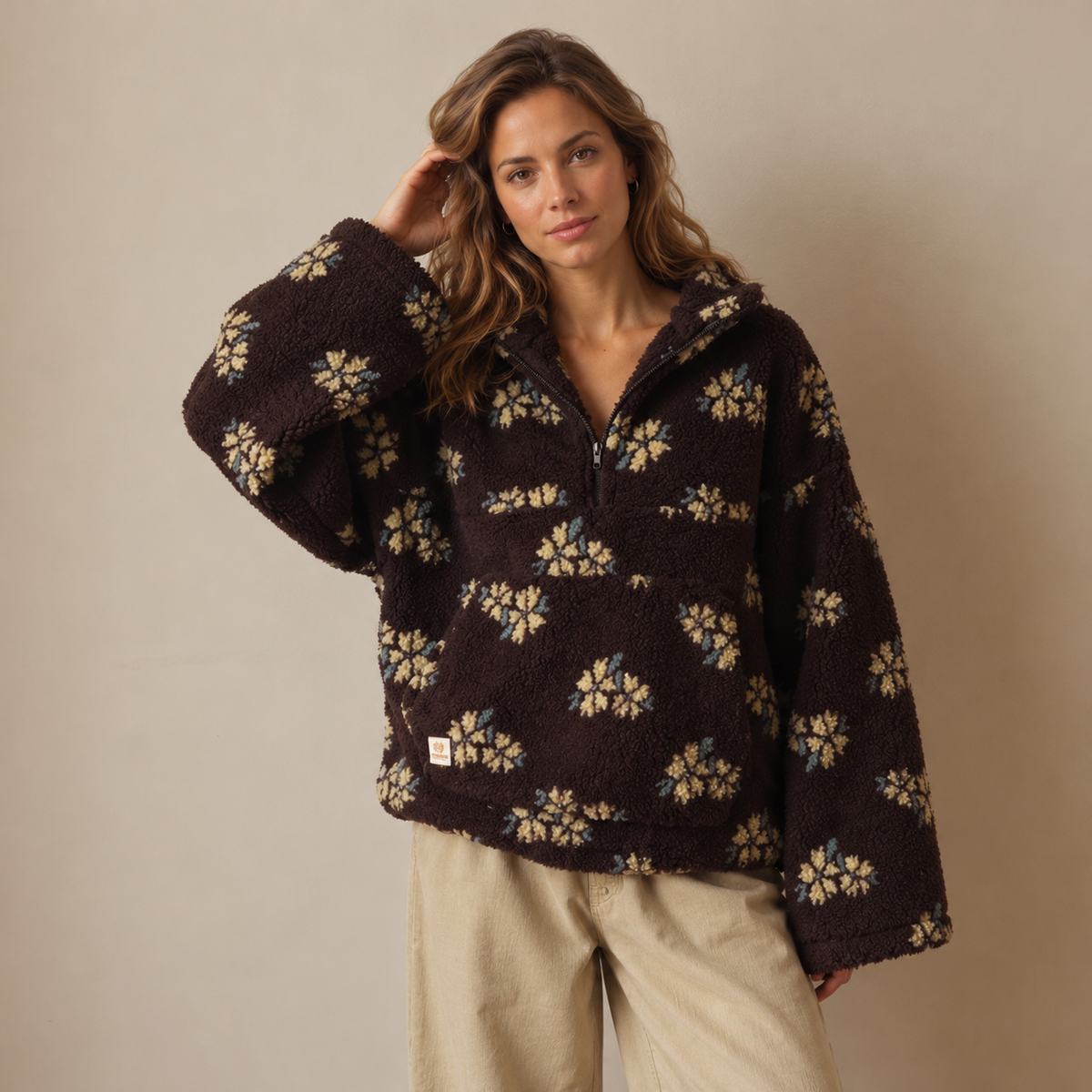 Women's Oversized Floral Print Sherpa Fleece Jacket - Zip-Up
