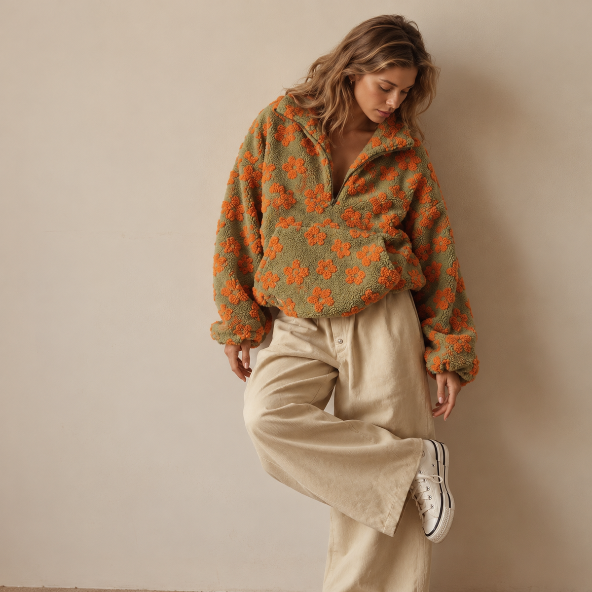 Women's Oversized Floral Print Sherpa Fleece Jacket - Zip-Up