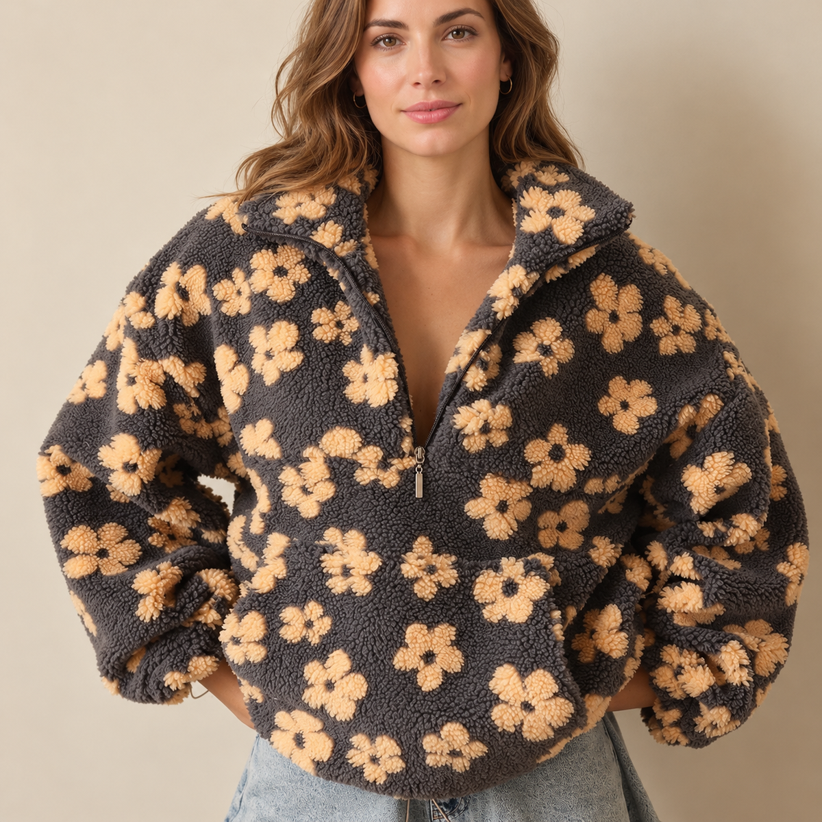 Women's Oversized Floral Print Sherpa Fleece Jacket - Zip-Up