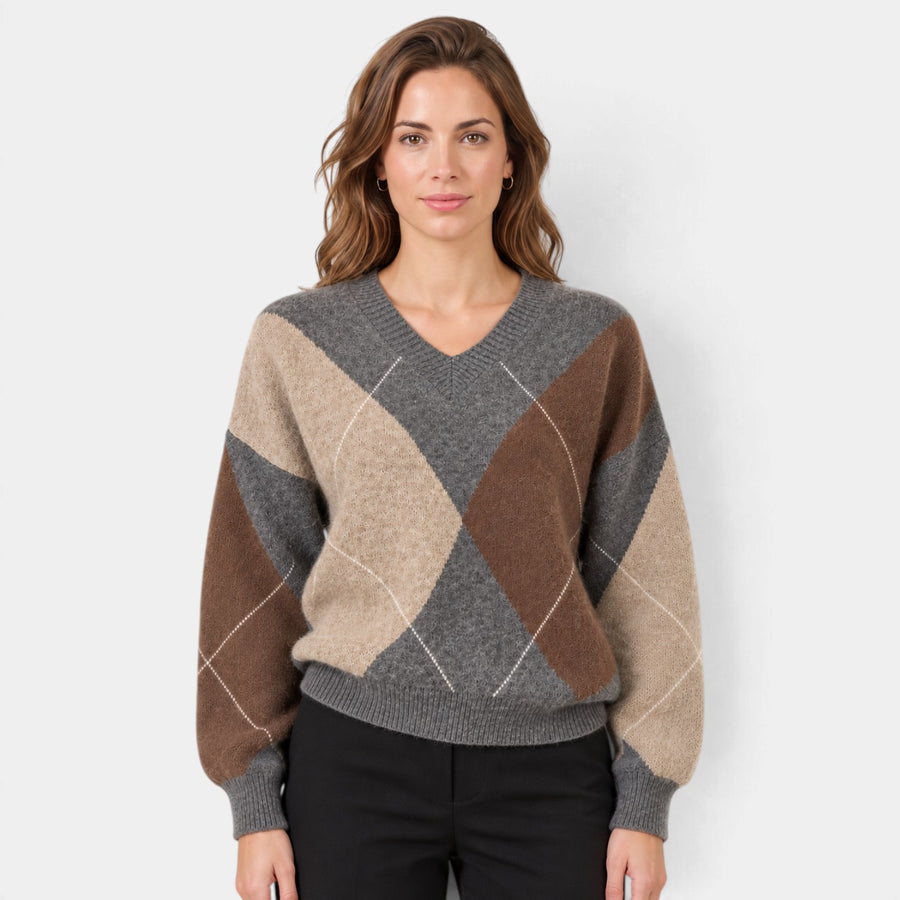 Jersey Argyle para Mujer Cuello de Pico Manga Larga