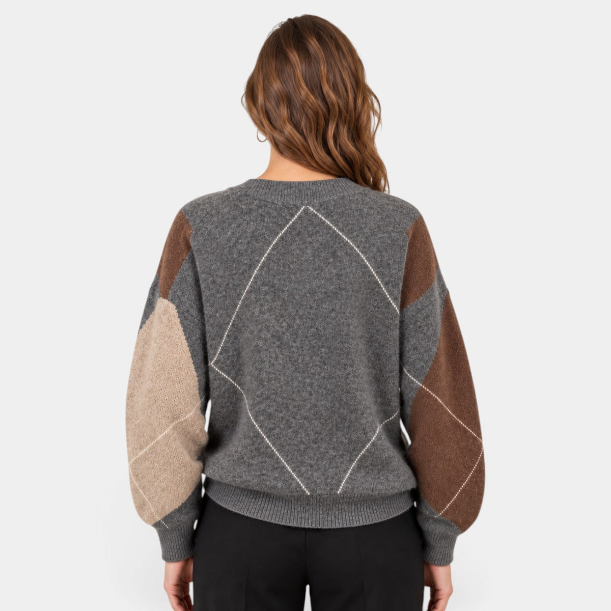 Jersey Argyle para Mujer Cuello de Pico Manga Larga