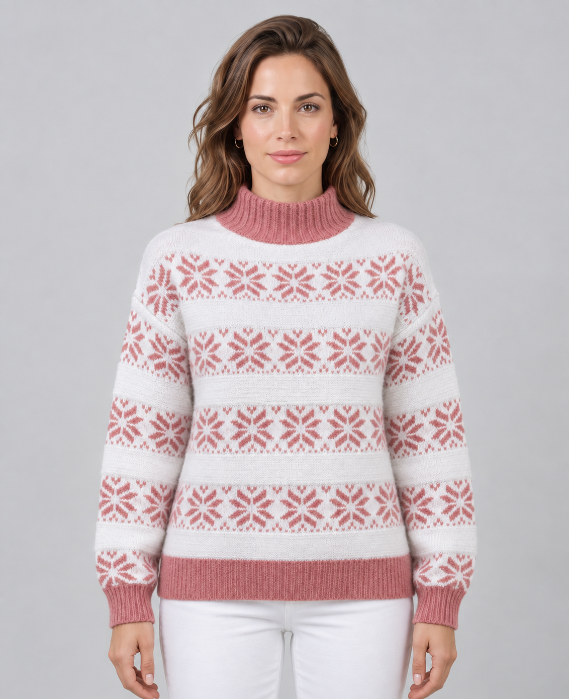 Jersey Fair Isle Mujer Cuello Alto Contraste Copos de Nieve