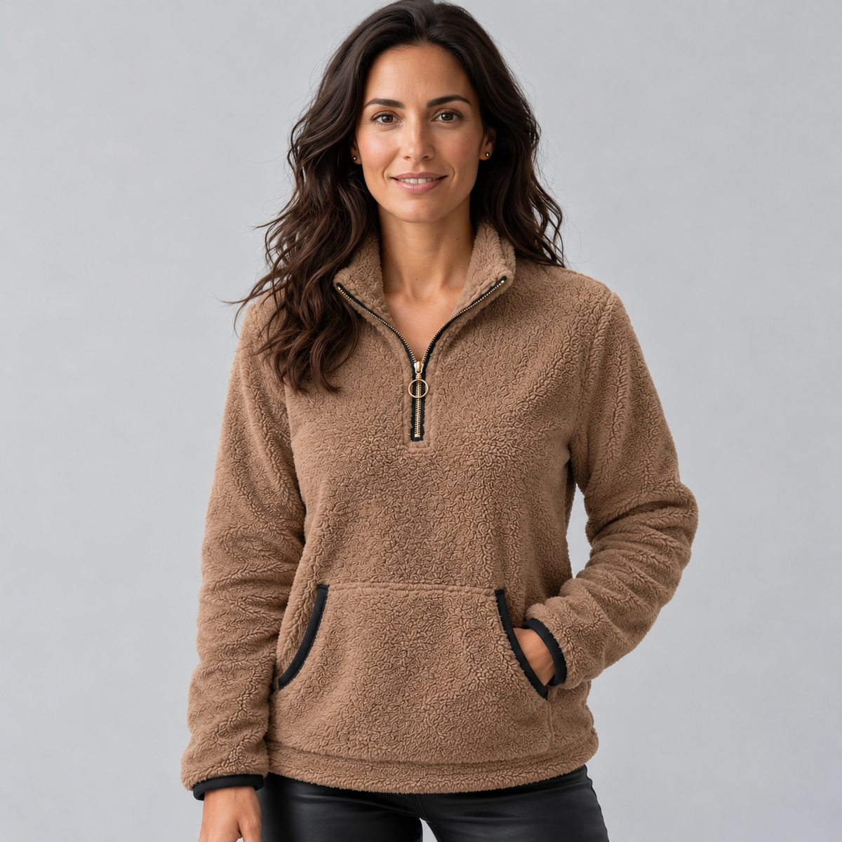 Jersey Mujer de Borreguito con Media Cremallera y Cuello Alto