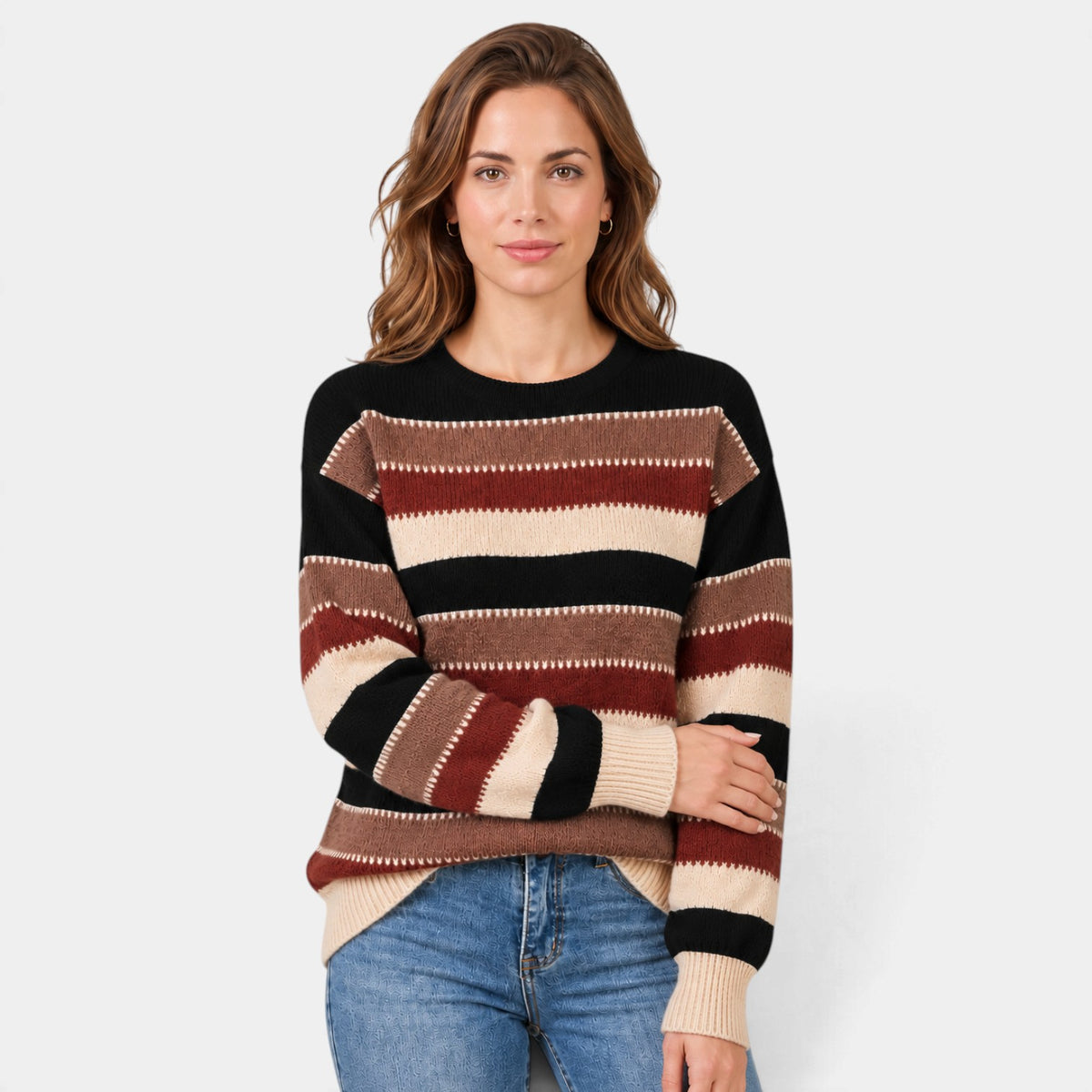 Jersey de Rayas para Mujer Cuello Redondo Corte Holgado