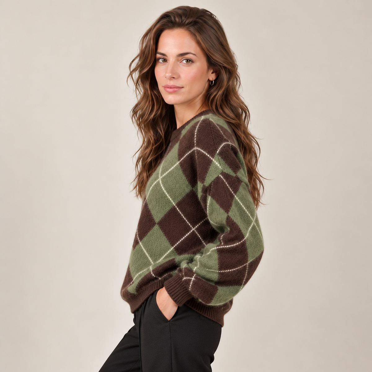 Women's Argyle Knit Sweater - Classic Crew Neck Pullover