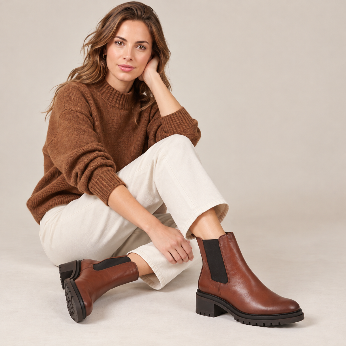 Women's Brown Leather Chelsea Ankle Boots - Block Heel