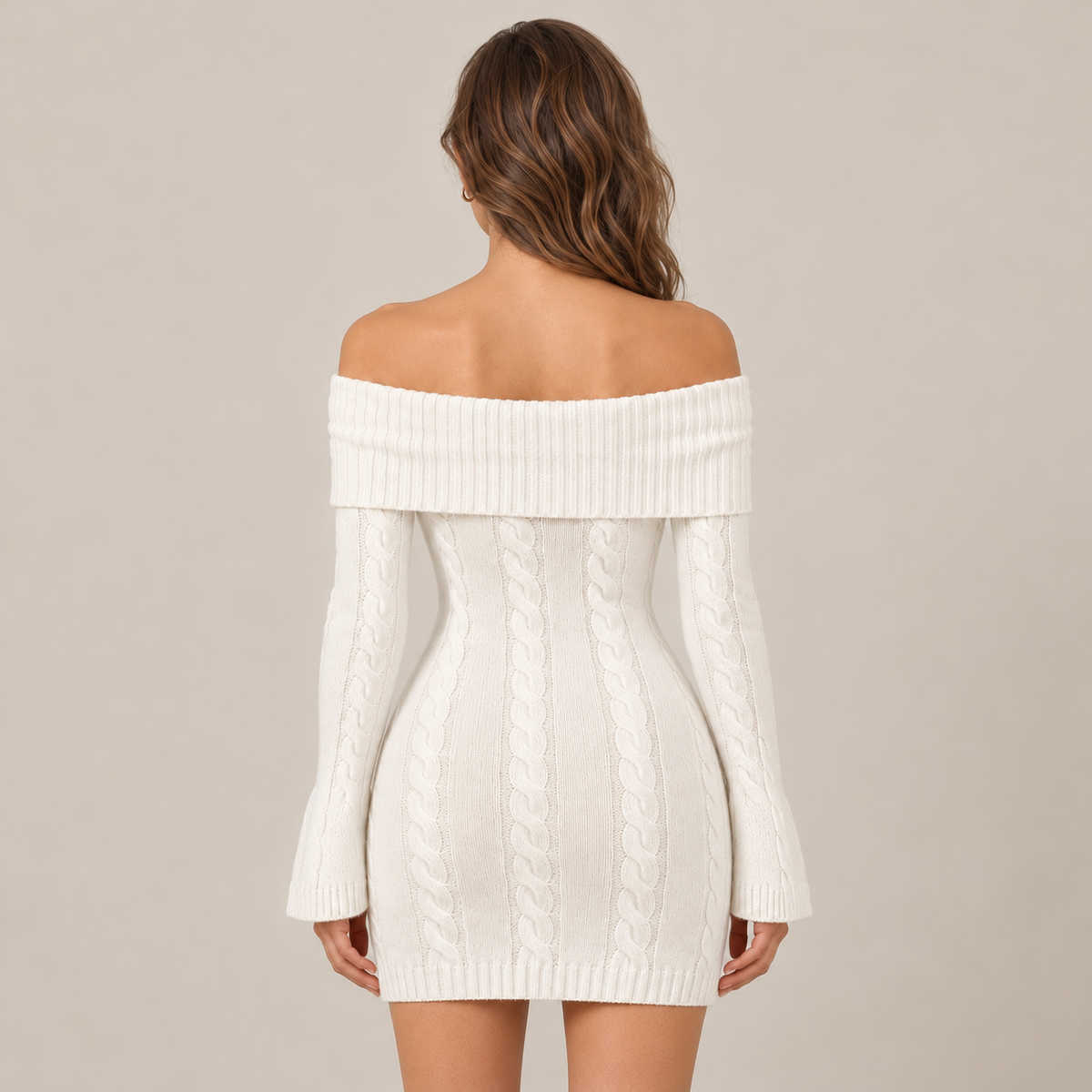 Women's White Cable Knit Off-the-Shoulder Mini Sweater Dress