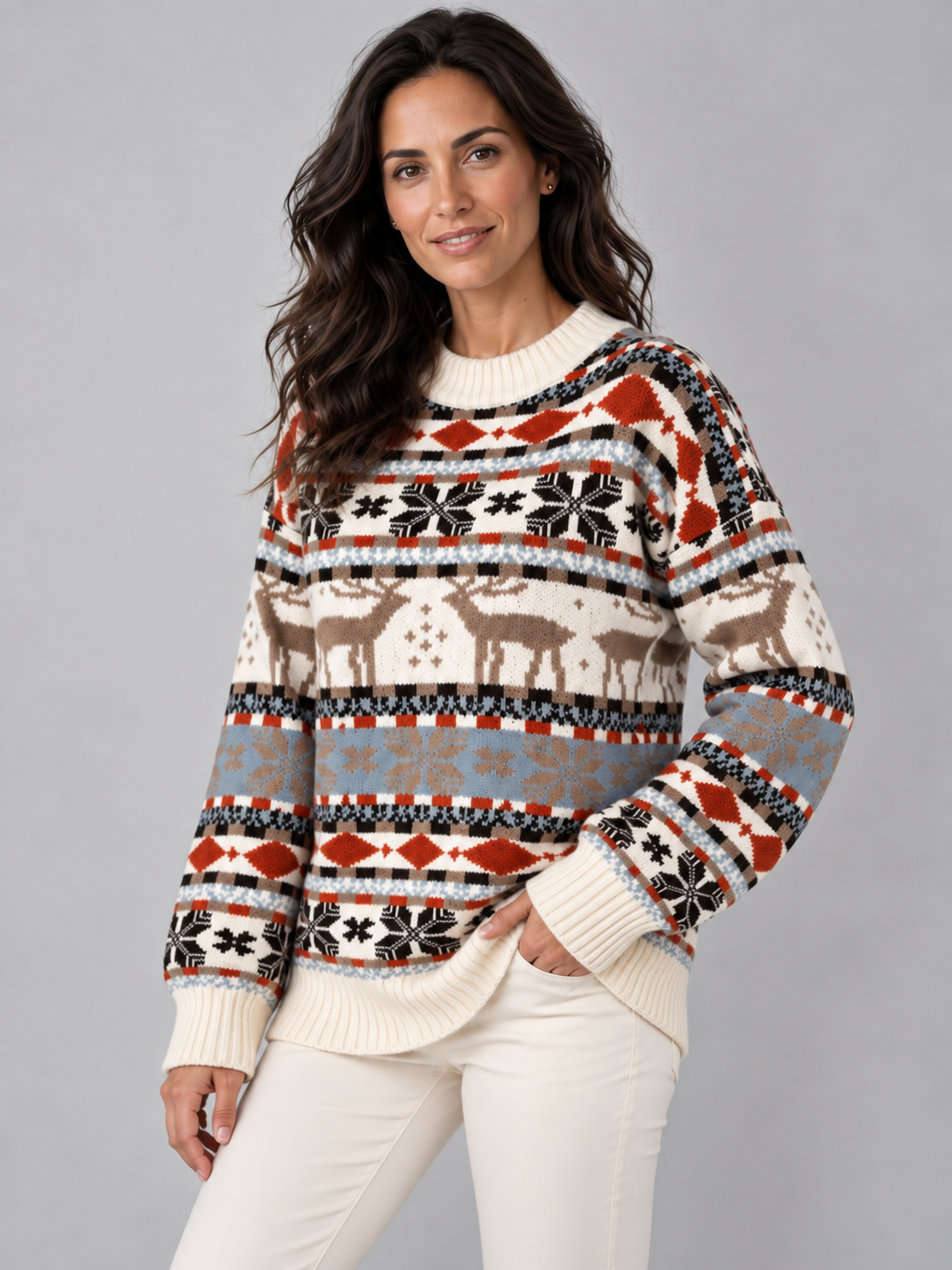 Jersey Navideño Mujer Cuello Alto Renos Terracota y Celeste