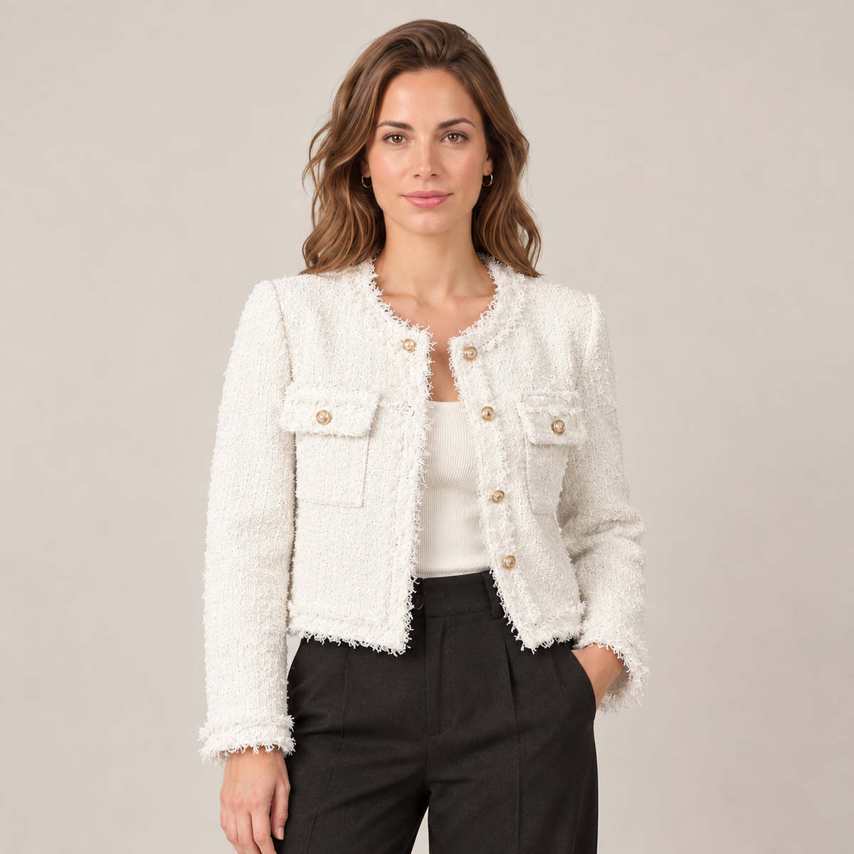 Chaqueta de Tweed Corta Mujer con Flecos y Botones Dorados