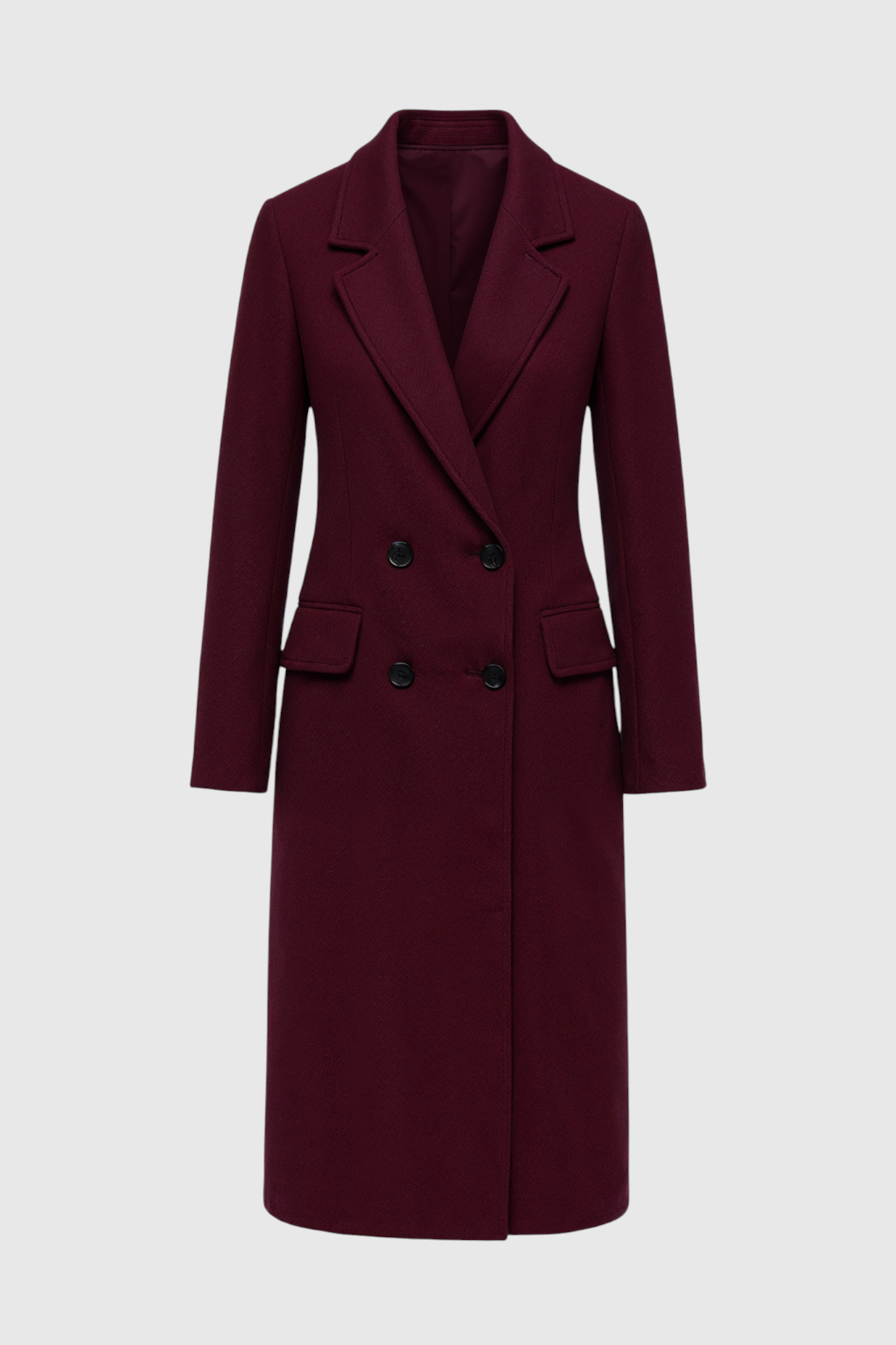 Women's Burgundy Long Double-Breasted Coat - Notch Lapel