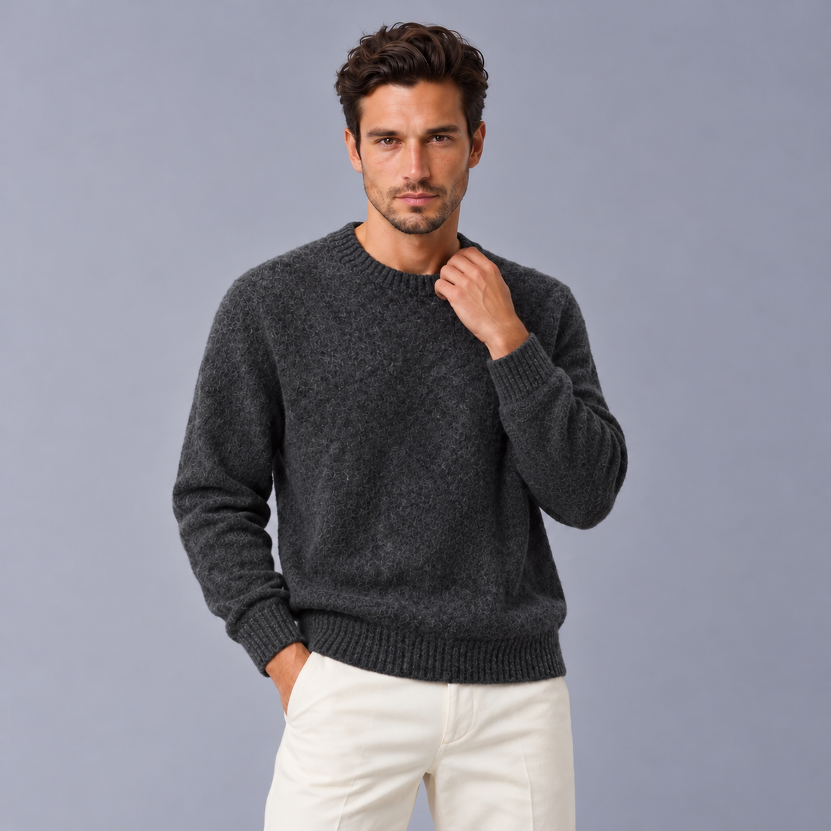 Men's Brushed Wool Knit Sweater - Soft Crew Neck Pullover
