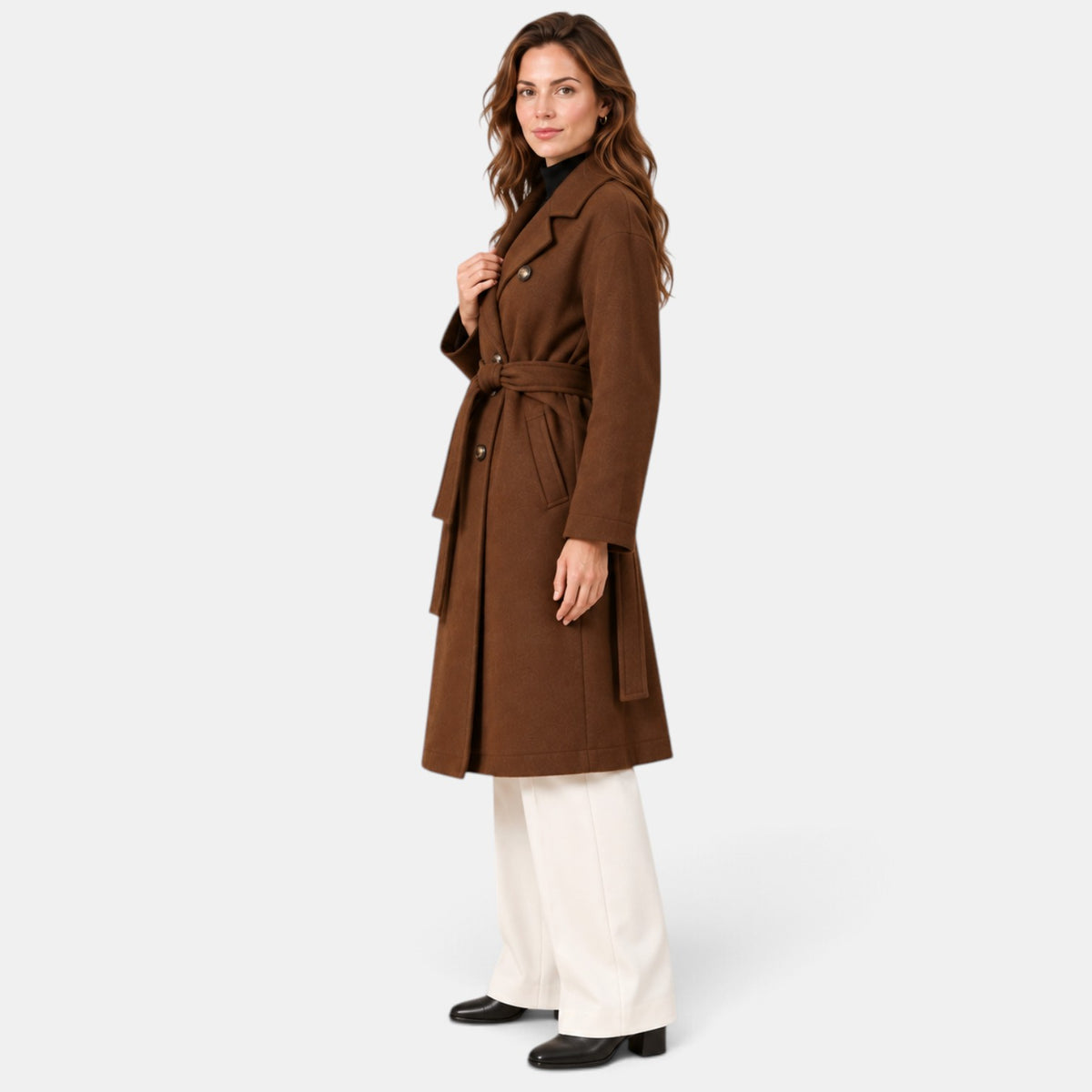 Women's Long Double-Breasted Belted Coat - Classic Overcoat