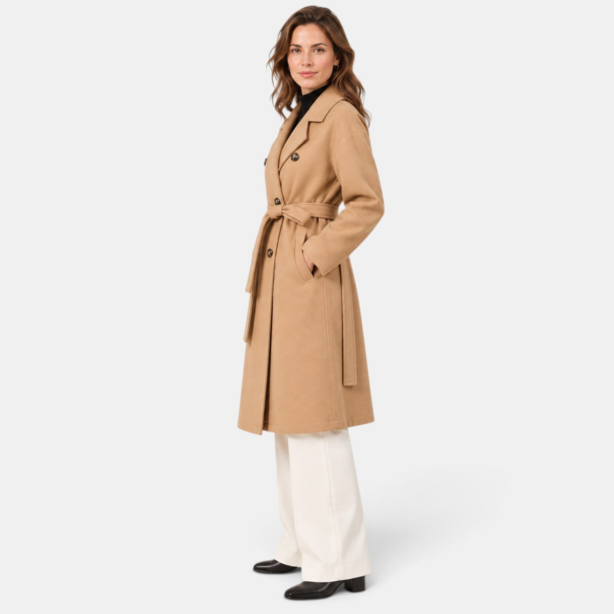 Women's Long Double-Breasted Belted Coat - Classic Overcoat