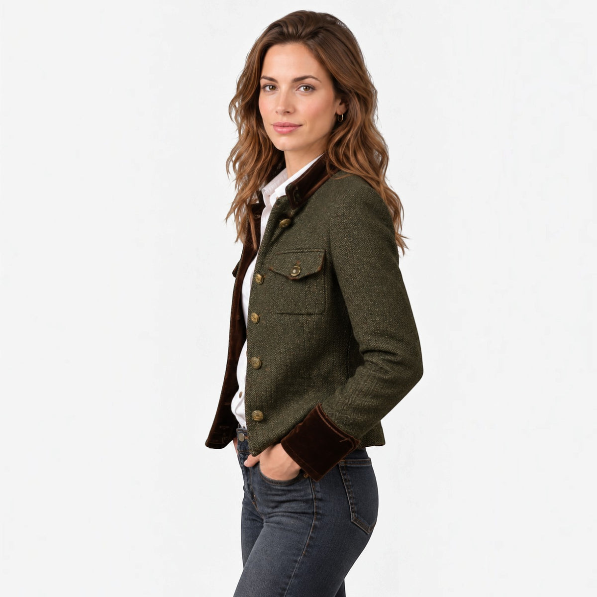 Chaqueta Acolchada Mujer Tweed Espiga con Botones Dorados