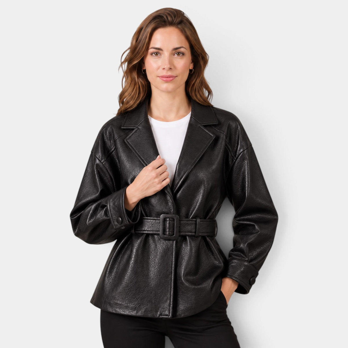 Faux Leather Jacket with Belt and Wide Collar