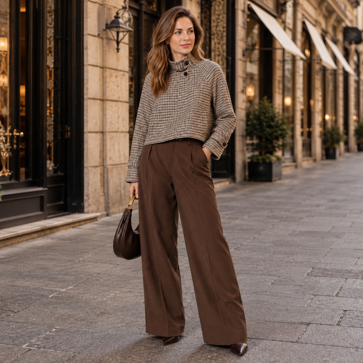 Women's Brown Houndstooth Cropped Jacket - High Neck