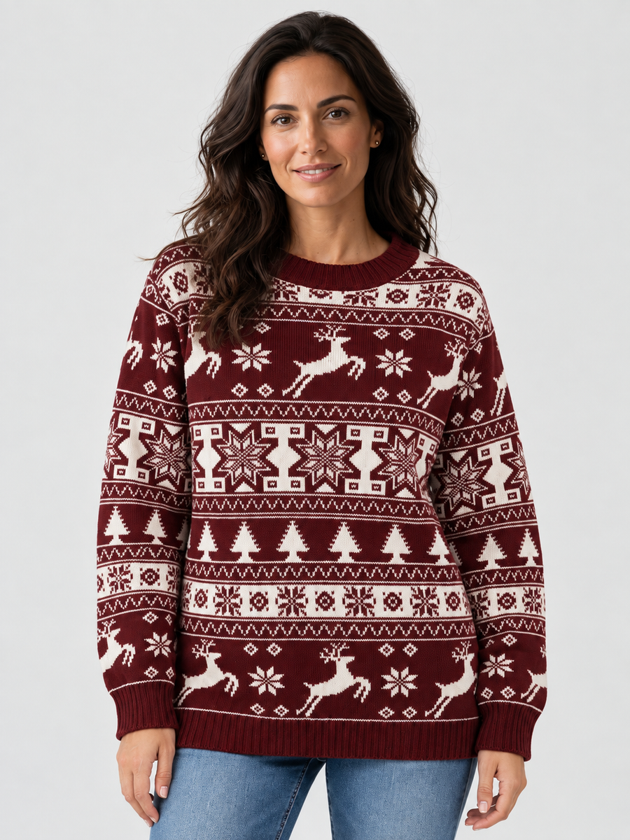 Women's Fair Isle Reindeer and Fir Tree Christmas Sweater Crew Neck