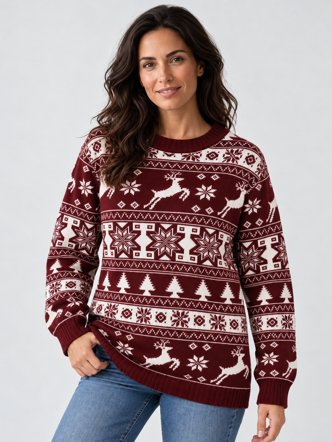 Women's Fair Isle Reindeer and Fir Tree Christmas Sweater Crew Neck