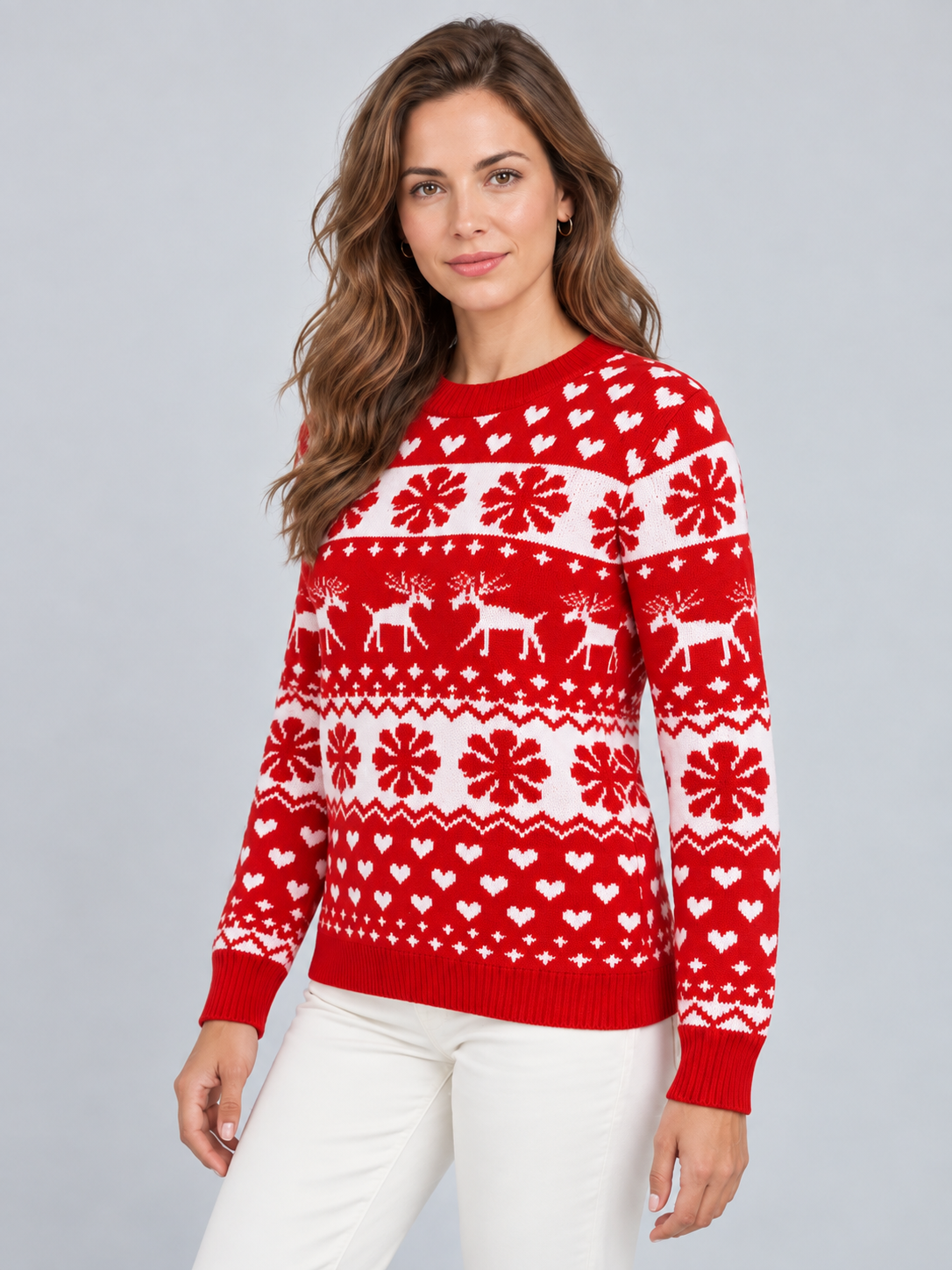 Jersey Navideño Mujer Rojo Renos Copos y Corazones Cuello Redondo