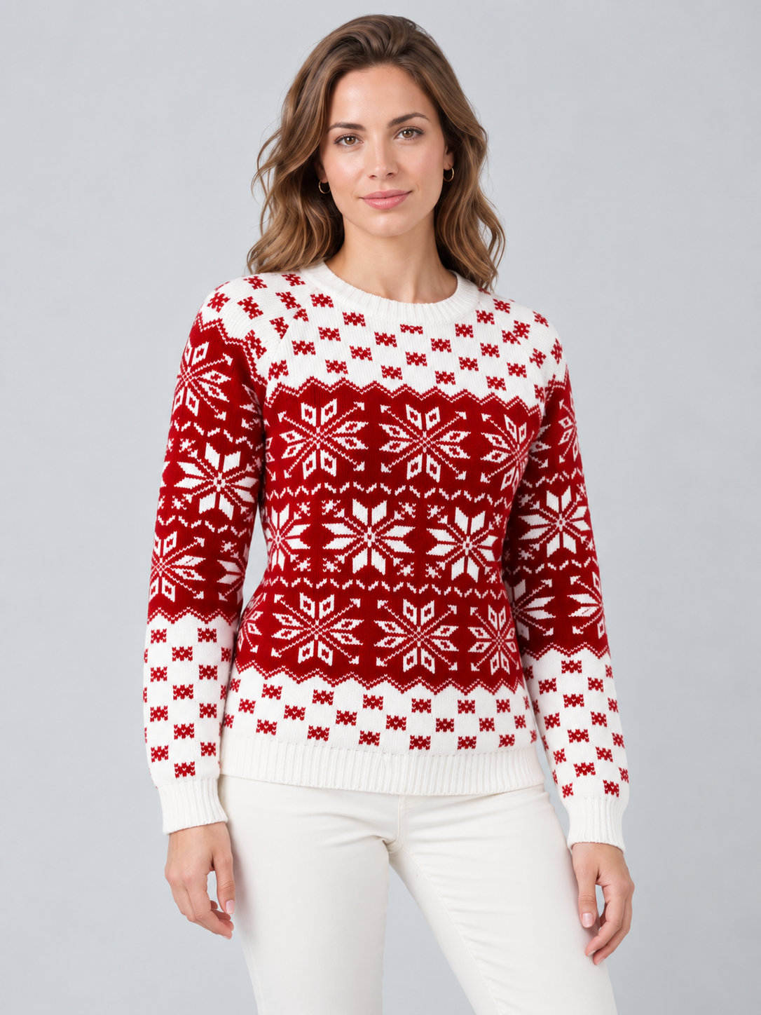 Jersey Navideño Mujer Rojo Copos de Nieve Borde de Cuadros