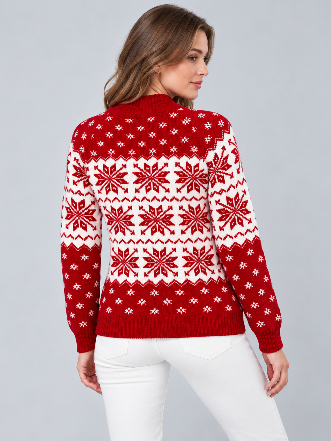 Jersey Navideño Mujer Rojo Copos de Nieve Borde de Cuadros