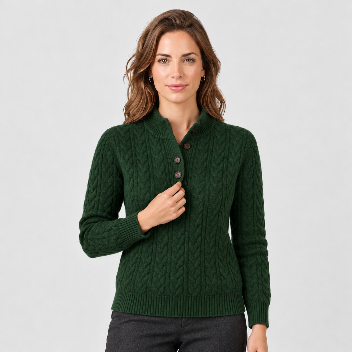 Women's Cable Knit Sweater - Button Neck Pullover