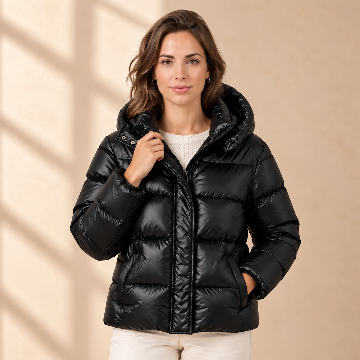 Women's Shiny Hooded Puffer Jacket - Horizontal Quilting