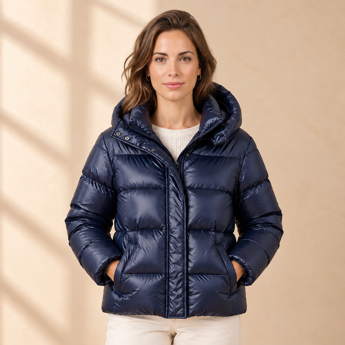 Women's Shiny Hooded Puffer Jacket - Horizontal Quilting