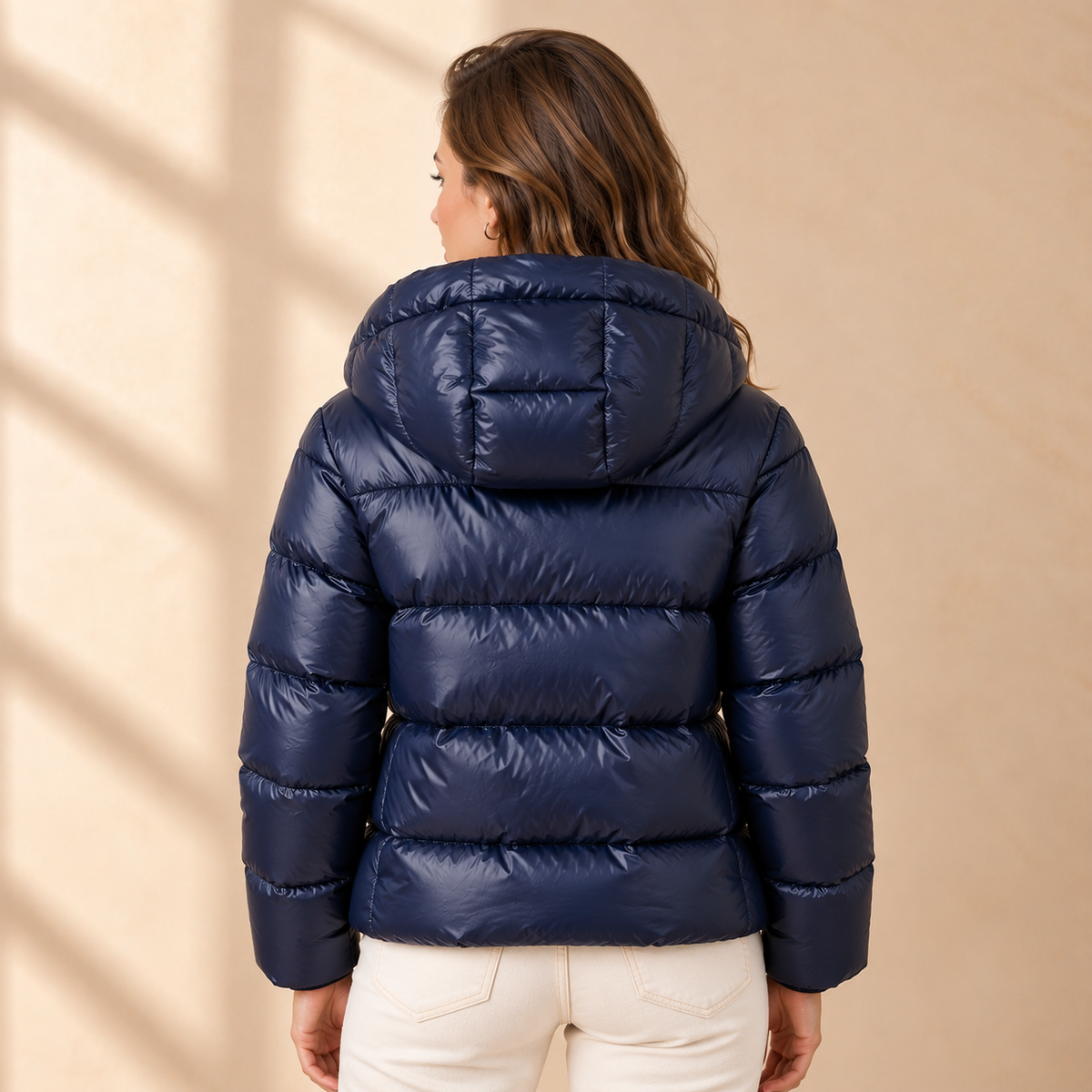Women's Shiny Hooded Puffer Jacket - Horizontal Quilting