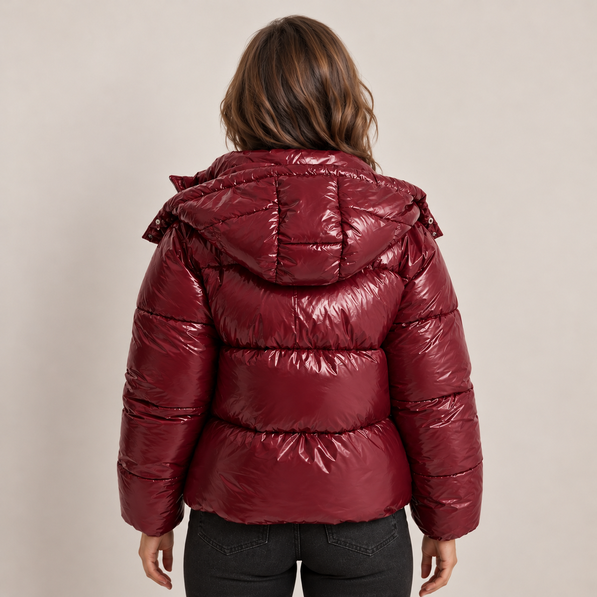 Chaqueta Acolchada Mujer Brillante con Capucha
