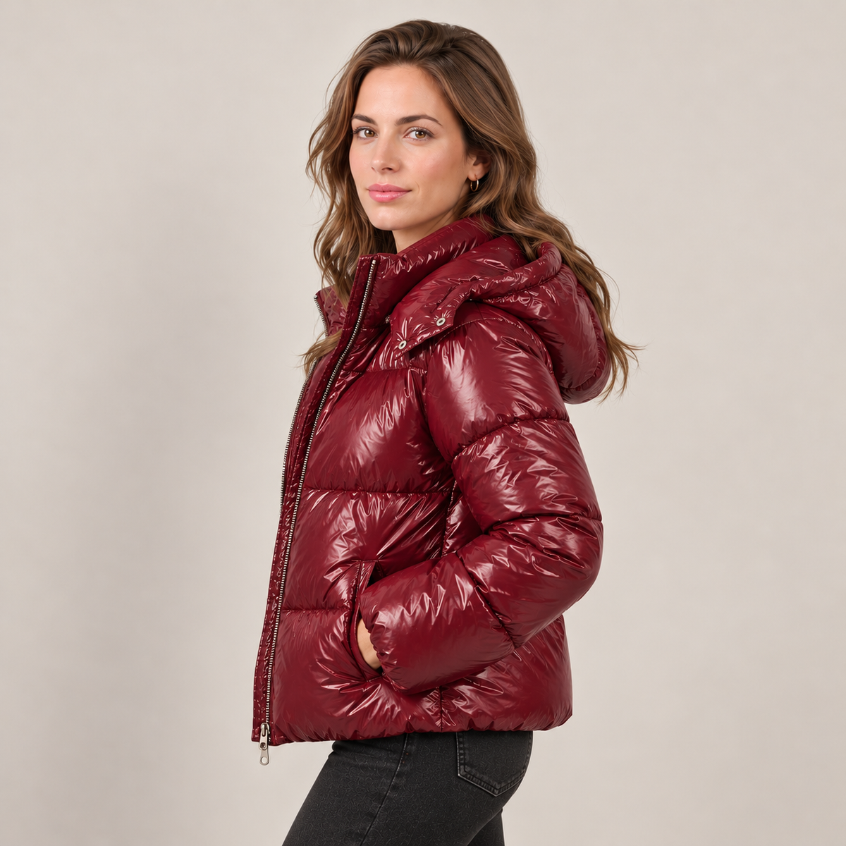 Chaqueta Acolchada Mujer Brillante con Capucha